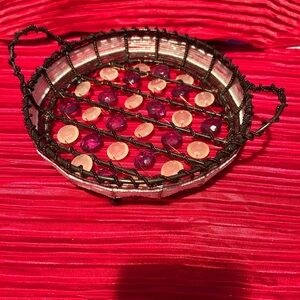 Decorative Beaded Tray with Handles-plastic beads woven in between wire - used